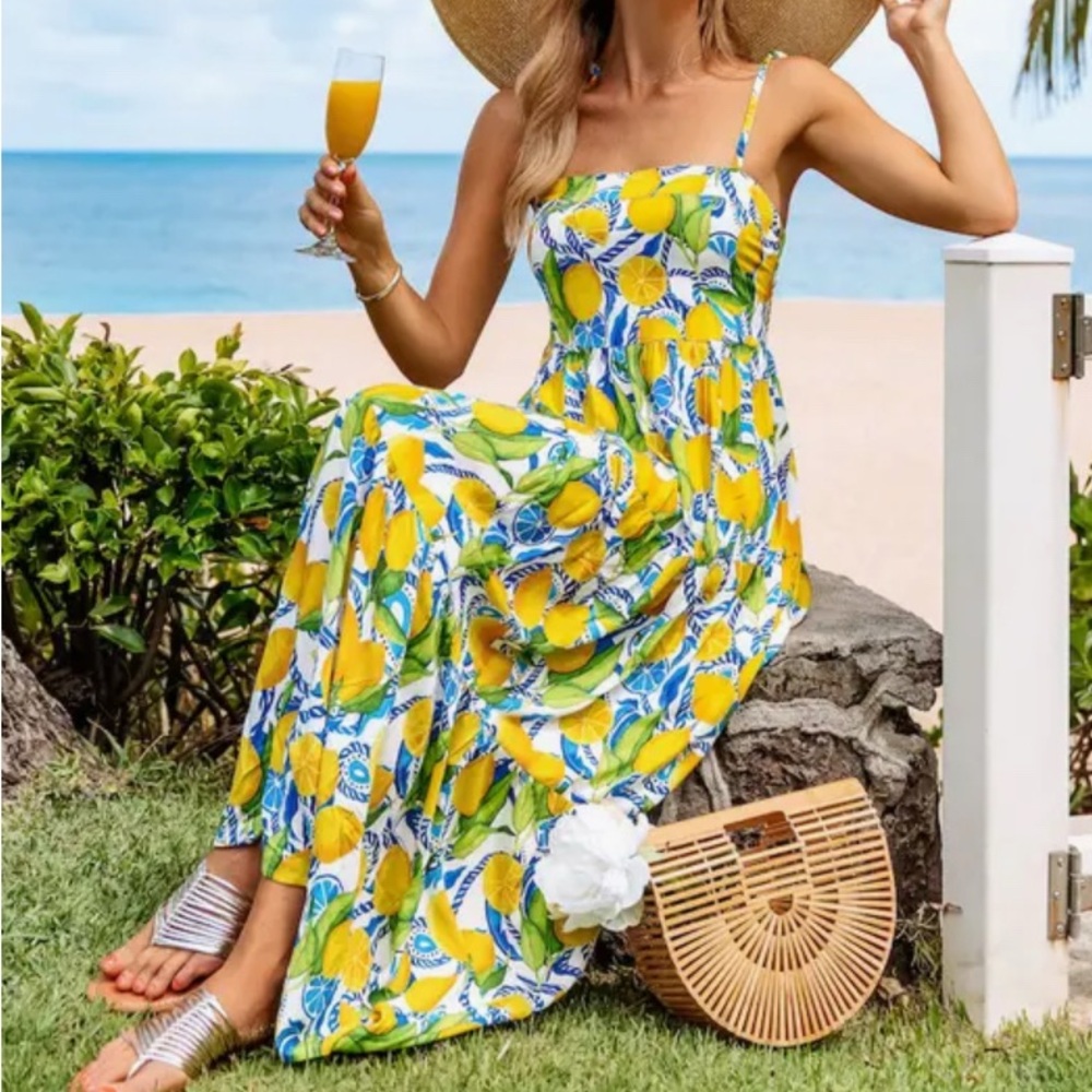 Kenny Flowers The Positano Tiered Maxi Dress Resort  Smocked Back Lemon Sz Small - Picture 6 of 13